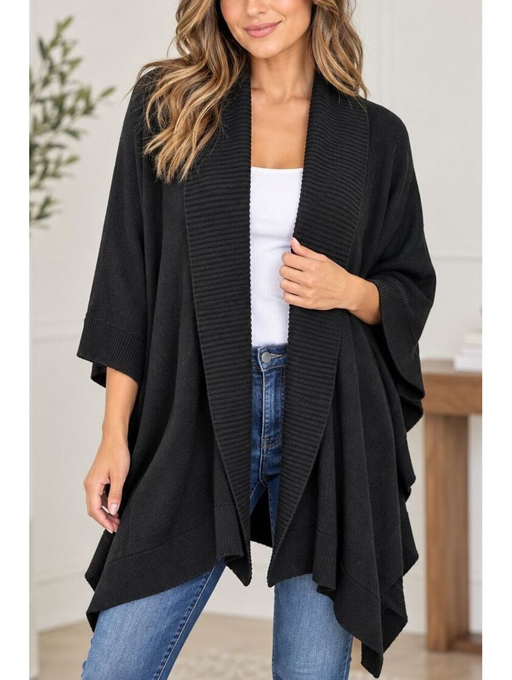 LOFT Black Longline Open Front Ribbed Knit Cardigan Sweater Women's